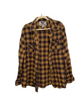 Field & Stream Yellow & Brown Plaid Flannel Button-Up Shirt XXL 100% Cotton Casu